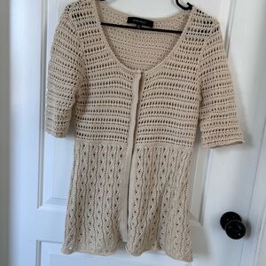 Nine West Beige Openwork Knit Short-Sleeve Cardigan